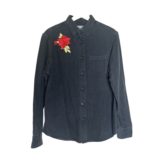 OLD NAVY Button‎ Down Shirt Mens Sz M Embroidered Rose Denim Western Cowboycore - Picture 1 of 5